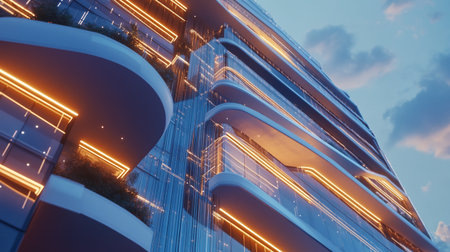 Modern office building with neon lights. Business concept. 3d renderingの写真素材