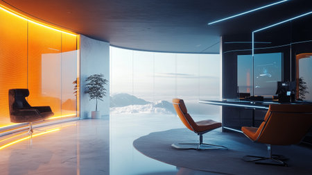 Contemporary office interior with panoramic city view, daylight and furniture. 3D Renderingの写真素材