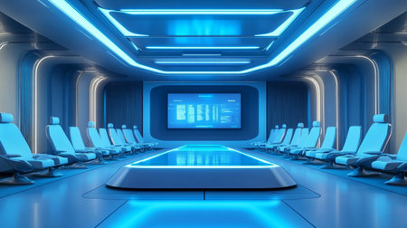 Futuristic interior with blue light and empty seats 3d rendering