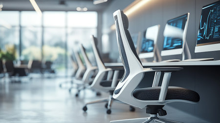 Modern coworking office interior with computers and equipment. 3D Rendering