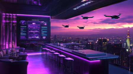 3D rendering of a futuristic night club with a view of the city