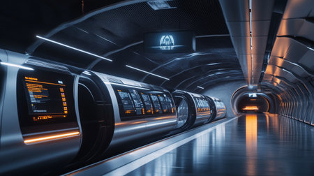 High speed train in the underground tunnel at night. 3d rendering