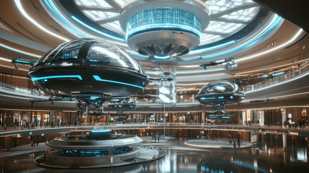 Futuristic interior of a modern building. 3D rendering.