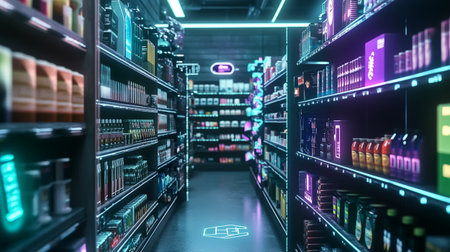 3D rendering of a drugstore interior with shelves and rows of bottlesの写真素材
