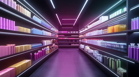 3d rendering of a drugstore with shelves full of colorful bottlesの写真素材