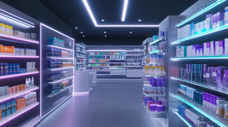 Interior of a drugstore with shelves and shelves. 3d renderingの写真素材