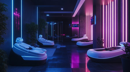 3D rendering of a modern bathroom with neon lights. Interior design.の写真素材