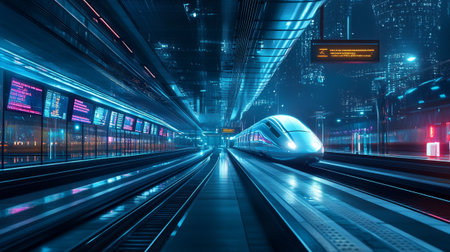 High-speed train in the city at night. 3d rendering