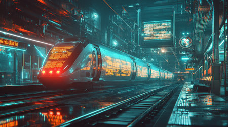 Modern high speed train in futuristic city at night. 3D Renderingの写真素材
