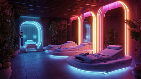 3D rendering of a spa room interior lit by neon lights.の写真素材