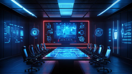 Dark blue futuristic office interior 3D rendering toned image double exposure