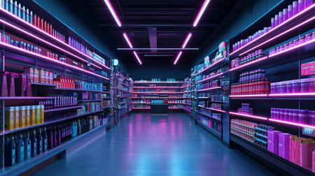 supermarket interior with shelves and neon lights, 3d render illustrationの写真素材