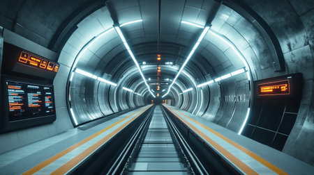 Underground subway tunnel. 3D rendering. Futuristic tunnel.