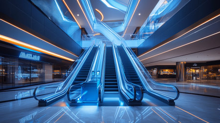 escalator in modern office building,blue toned image,china.