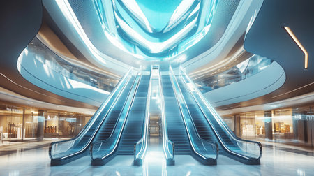 Modern escalators in the shopping mall. Toned image double exposureの写真素材