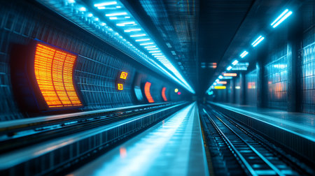 Motion blur of train moving in tunnel at night. 3D renderingの写真素材