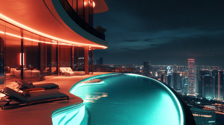 Luxury hotel with swimming pool at night. 3d renderingの写真素材