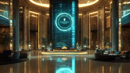 3D rendering of the interior of a hotel lobby with a futuristic interfaceの写真素材