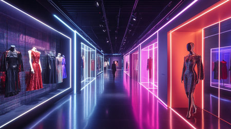 Futuristic interior with neon lights and fashion mannequinsの写真素材