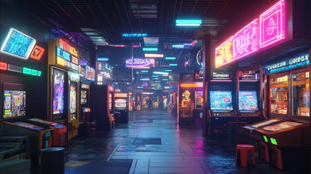 3D rendering of an arcade with neon lights and slot machines