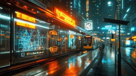 modern tram at night in hongkong,china.の写真素材