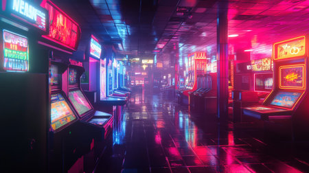 Colorful slot machines in the dark corridor of an amusement park.