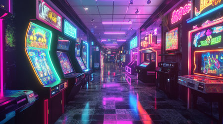 3D CG rendering of slot machine hallway with neon lights. High resolution image.の写真素材