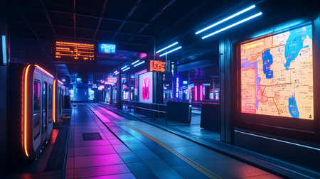 Interior of a subway station with neon lights. Night scene.の写真素材