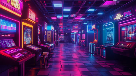 Retro arcade game machine in neon light. 3D rendering.
