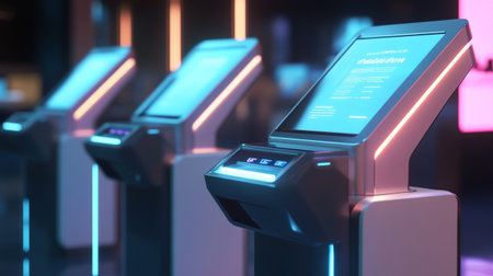 3D rendering of a self check-in kiosk at nightの写真素材