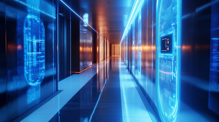 Futuristic corridor with glowing neon lights. 3D Rendering