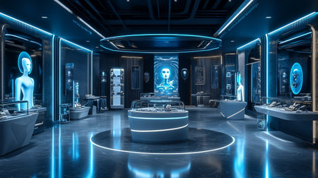 3D rendering of the interior of a museum with a futuristic theme