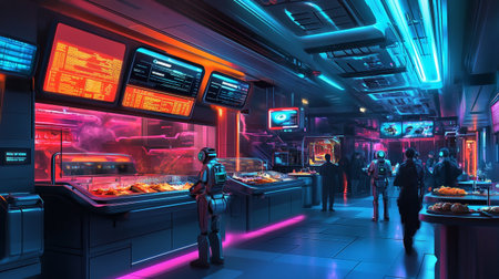 Futuristic interior of the night club with neon lights and people