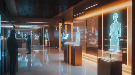3D rendering of the interior of a modern museum with glass and metal sculpturesの写真素材