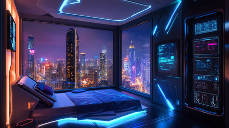 3D rendering of a futuristic interior of a hotel room at nightの写真素材
