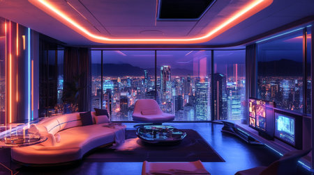 Luxury living room interior with panoramic view of the city