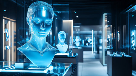 3d rendering of a robot head in the museum of artificial intelligence