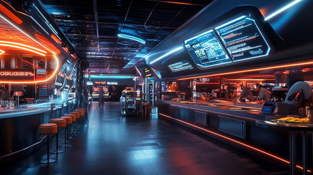 Futuristic night club with neon lights. 3d rendering.の写真素材