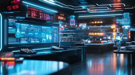 Coffee shop interior with tables and computers. 3d renderingの写真素材