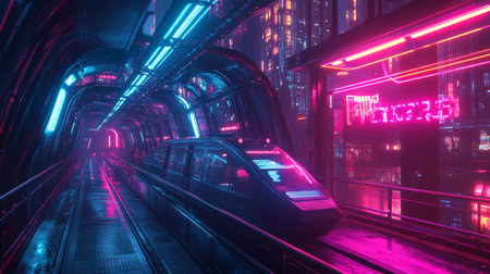 Futuristic tunnel with neon lights and subway train. 3d renderingの写真素材