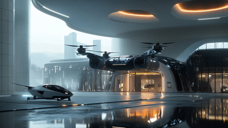 3D rendering of a helicopter flying over a modern office building.