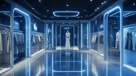 Futuristic interior of clothing store with neon lights. 3d rendering
