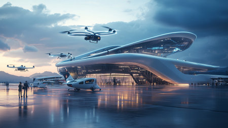 3D rendering of the futuristic airport terminal with flying drone and people