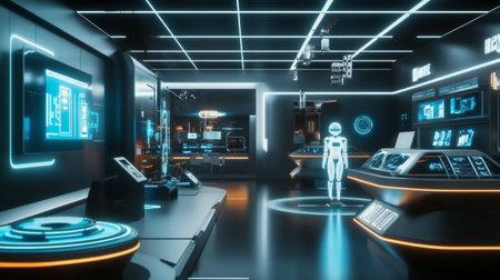 3D rendering of a futuristic sci-fi room with a robot