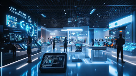 3d renderingented reality, technology, entertainment and people concept - happy young man and woman with tablet pc computer in shopping mall or department storeの写真素材