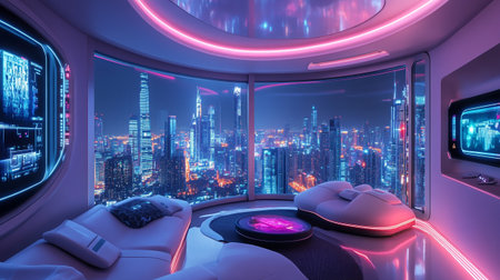Spaceship interior with view of the city skyscrapers. 3D renderingの写真素材