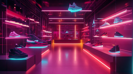 Shoes in a store with neon lights. 3d rendering.のeditorial素材