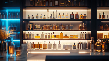 Luxury perfume shop interior with bottles. 3D Renderingの写真素材