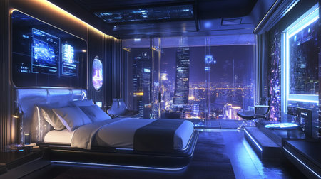 3d rendering of a modern bedroom in a night city with lightsの写真素材