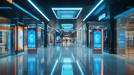 Interior of a modern shopping mall with neon lights. 3D renderingの写真素材